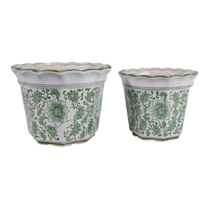 Vasi in ceramica con bordo smerlato, design floreale verde per esposizione di piante da interno ed esterno - Product Image 1
