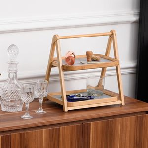 Estante de almacenamiento de escritorio de doble capa de bambú y madera, soporte plegable para exhibición de postres, pastelería, servicio de té, organizador multiusos - Product Image 2