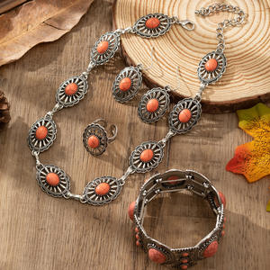 Date Western Bohême Orange Ovale Turquoise Ensemble de Bijoux Cowgirl Squash Blossom Charme Collier Boucles <span class=keywords><strong>D</strong></span>'oreilles Anneau Bracelet pour Femme - Product Image 1