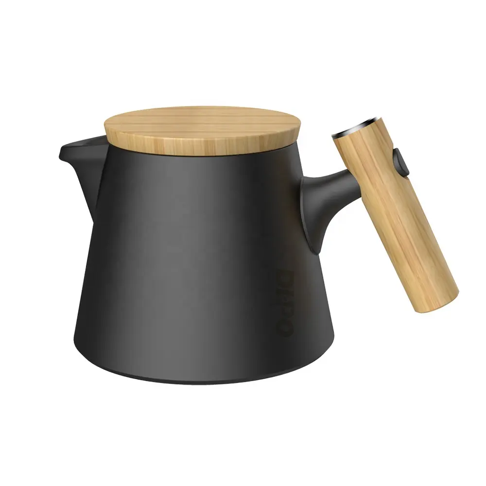 DHPO-TETERA de cerámica negra mate trapezoidal con infusor, mango de bambú para té de hojas sueltas