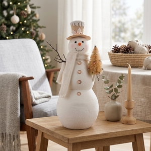 Whimsical White Snowflake Hat Snowman Sculpture Holding Gold Tree for Luxe Winter Party Decor New - Product Image 2