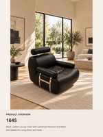 Fauteuil d'appoint en cuir noir rembourré avec appui-tête cylindrique et accoudoirs métalliques pour salon et hôtel