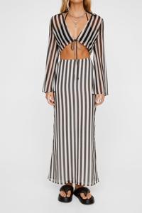 Op Bestelling Gemaakt Kleding Gestreepte Print Chiffon Kanten Crop Tops + Hoge Taille Maxi Lange Rok Bijpassende Dames 2-delige Set - Product Image 4