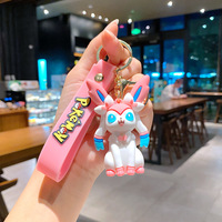 Vente en gros de porte-clés Pokemon Eeveelutions, figurine 3D en PVC, Eevee Sylveon Umbreon, pendentif, cordon en silicone, accessoires pour clés de voiture