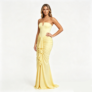 Robe de soirée sirène froncée sans bretelles, étiquette privée OEM, jaune pâle, longue, formelle, pour invitée de mariage, bal de promo, personnalisable - Product Image 1