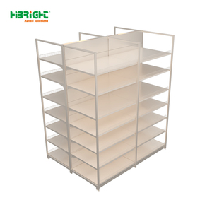 Étagère de présentation en îlot à quatre côtés ouverts, blanche, avec barrière anti-chute pour supermarché, épicerie - Product Image 1