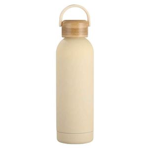 Minimalist Stainless Steel Vacuum Insulated Water Bottle with Wooden Lid and Handle for Travel - Product Image 1