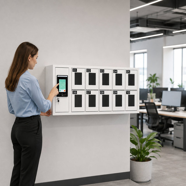 Wall Mounted Smart Phone Charging Station Locker with 10 Secure Compartments Touchscreen Control for Offices and Public Areas