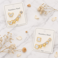 Anting-anting berlapis emas baja tahan karat multi stud, antialergi, perhiasan kristal, gaya bertumpuk, mode sehari-hari untuk wanita