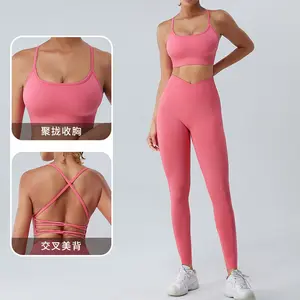 2 pezzi di abbigliamento sportivo da donna per ginnastica e Yoga Leggings incrociati senza schienale con cinturino sottile Set di pantaloni attillati da Yoga a vita alta Leggings posteriori