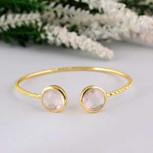 Fashionable <b>Boho</b> Rose Quartz Cuff Bangle Dainty Brass <b>Bracelet</b> for Women 18k Gold Plated Gemstone Jewelry for Wholesale/OEM/ODM - Product Image 3