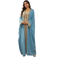 Ensemble élégant en polyester avec broderie en dentelle dorée, abaya ouverte, deux pièces, col en V, robe maxi kaftan musulmane pour les occasions de fête formelles