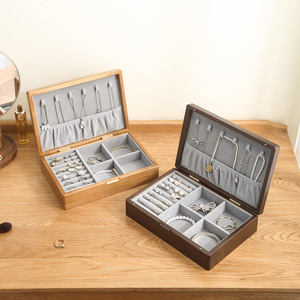 Wooden Jewelry Box With Lining Divided Compartment Flip Top Portable <b>Ring</b> <b>Storage</b> Rectangle 24x16.5x6.2cm Simple Style - Product Image 2