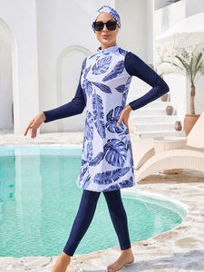 Cobertura Completa Modesto Impresso Mulheres Muçulmano Swimwear Feminino Islâmico Tamanho M-4XL <span class=keywords><strong>Beachwear</strong></span> 4pcs com Hijab Top Pant Cover - Product Image 5