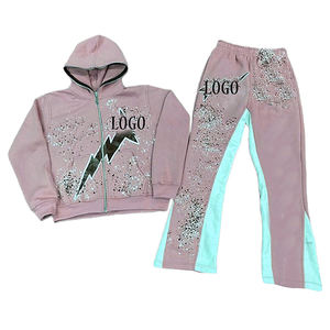 ชุดเซ็ตแทรคสูทผู้ชายไซส์ใหญ่ 2 ชิ้น เสื้อฮู้ดซิปพิมพ์ลายสไตล์วินเทจ พร้อมกางเกงขายาวผ้ายืดแบบย้อมสีเอซิด - Product Image 1