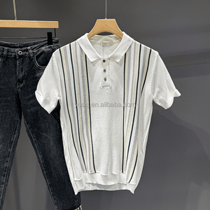 Мужская рубашка-поло в британском стиле в стиле ретро, легкая зрелая трикотажная рубашка с короткими рукавами и контрастными вертикальными полосами, слегка свободная - Product Image 5