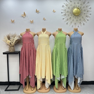 Abito lungo da donna africano con stampa a quadri Gingham, scollo all'americana, senza maniche, orlo asimmetrico, estivo, casual - Product Image 1