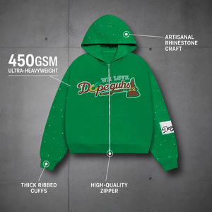 Sudadera con Capucha para Hombre, con Logotipo Personalizado, Adornada con Pedrería Verde, 100% Algodón, Estilo Oversize, con Cierre, Estilo Urbano - Product Image 4