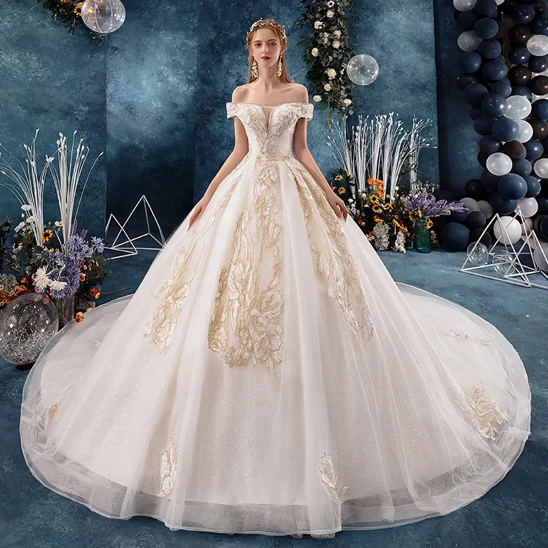 ZX-1508 Elegant Fashion Off Shoulder High Quality Fabric Embroidery Trim Hot Sale Bridal Wedding Dress