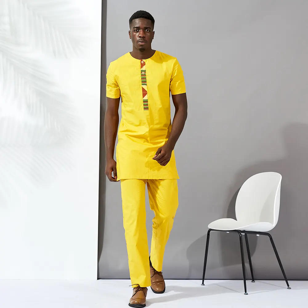 Chemises et pantalons traditionnels africains pour hommes, deux pièces à manches courtes de couleur unie, vêtements africains décontractés pour hommes, offre spéciale