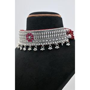 Manish Jewellers MJCS004 Ethnic Silver Plated Choker <b>Necklace</b> <b>Pink</b> Amethyst Flower Design Women's Vintage Wedding Style Beaded - Product Image 3