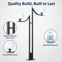 Lampadaire LED moderne à double tête, en métal noir, pour extérieur, jardin, cour, avec globe en verre dépoli, éclairage de parc