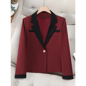 Women's Color-blocked Long Sleeve Short Blazer Red And White Slim Fit Commute Style - Product Image 1
