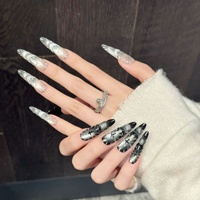 Faux ongles à presser pour femmes, noirs et argentés, effet œil de chat, longs, forme stiletto, motif étoile, chrome miroir, pour style gothique Y2K Glam
