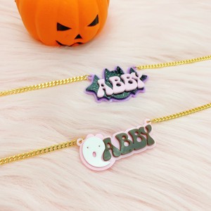 Collana in Acrilico Personalizzata con Nome per Halloween, Ciondolo a Forma <span class=keywords><strong>di</strong></span> Pipistrello o Fantasma con Catena Cubana, Gioielli Personalizzati per Ragazze - Product Image 3