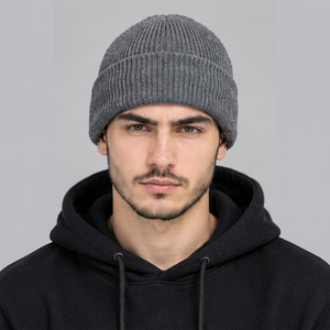 Men's Solid Gray Knitted <b>Beanie</b> <b>Hat</b> 100% <b>Wool</b> Winter Warm Cycling Cap Casual Style for Adults Head Circumference 56-58CM - Product Image 1