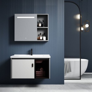 Meuble-lavabo de salle de bain CR Nordic minimaliste en alliage d'aluminium blanc avec vasque en céramique monobloc et armoire miroir - Product Image 1