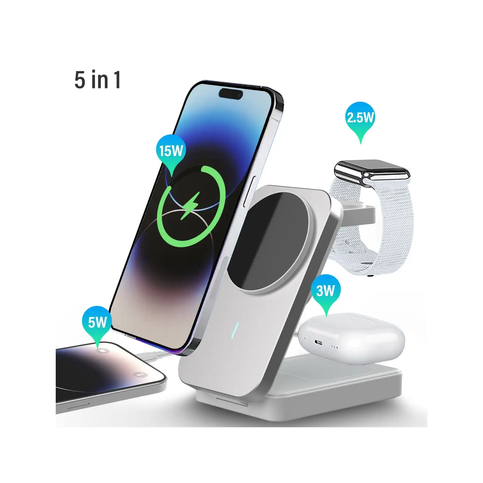 Factory Direct Sales Qi2 15W Fast Wireless Charger Multifunction 3-in-1 Charging Stand with USB DC Function for Phone Holder