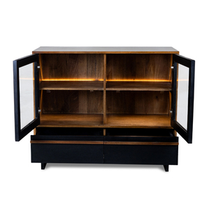 Vitrine Oxberg en bois massif noir et naturel avec portes vitrées et tiroirs de rangement - Product Image 6