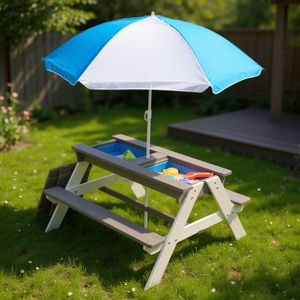 Mesa de Picnic Infantil de Madera con Sombrilla 3 en 1, para Jugar con Arena y Agua, Diseño Contemporáneo para 2 Personas, Color Gris - Product Image 2
