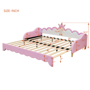 Modern Twin Extending Daybed with LED Lights, Modern Upholstered Princess Daybed With Crown Headboard Pink for Hotel Use - Product Image 6