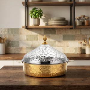 Casserole ronde de luxe moderne avec couvercle en verre, extérieur en métal poli, poignée en acier inoxydable - Product Image 3