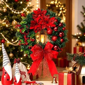 Bestselling Red Accent <b>Christmas</b> <b>Wreath</b> Set Full Green Foliage Glitter Bow Berries Indoor Festival Ornament - Product Image 1