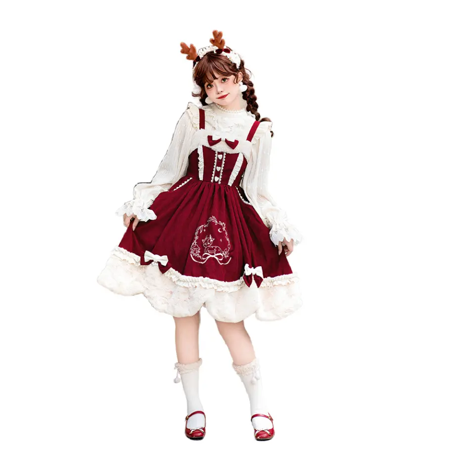 Осенний олень ревущий Новый год рождественский красный праздник свежий сладкий JSK Lolita вышитое вельветовое теплое утепленное платье