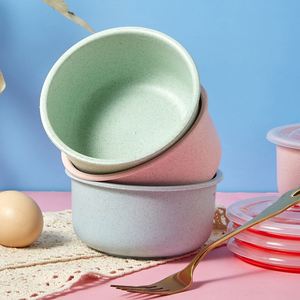 Nouvel ensemble de 3 bols de conservation en paille de blé avec couvercle, fournitures de cuisine, boîte à lunch ronde de type bento - Product Image 5