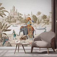 Papier peint mural Art Déco Paysage Indien Éléphant Paon Château Paysage Tropical Palmiers pour Salon Hôtel Fond Personnalisé