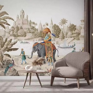 Murale da Parete Art Déco con Paesaggio Indiano, <span class=keywords><strong>Elefante</strong></span>, Pavone e Castello, Scenografia Tropicale con Palme, Carta da Parati per Soggiorno e Hotel, <span class=keywords><strong>Sfondo</strong></span> Personalizzato - Product Image 1