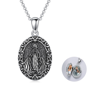 Vendita calda <span class=keywords><strong>925</strong></span> in <span class=keywords><strong>argento</strong></span> Sterling vergine maria ciondolo cornice ovale foto medaglione collana pendente - Product Image 1