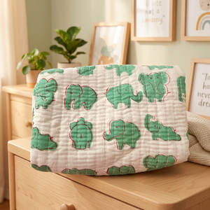 Ensemble de trousses à cosmétiques en tissu de coton, motif d'éléphant vert, trousse de maquillage de voyage portable, faite à la main, petite capacité - Product Image 3