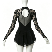 Robe de patinage artistique noire en dentelle à manches longues avec dos découpé pour filles et adultes, idéale pour les compétitions et spectacles sur glace