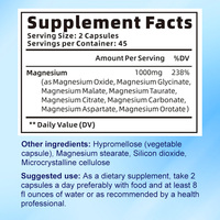 Capsules de magnésium glycinate complexe à marque privée OEM, 8 formes élémentaires de magnésium pour le sommeil, la relaxation musculaire et le soutien immunitaire chez l'adulte