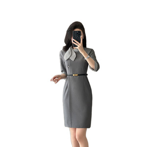 Elegant Mock Neck Dress With Splicing Design Anti-Wrinkle Workwear For Office Reception Beauty Salon Hotel Staff Uniform - Product Image 5