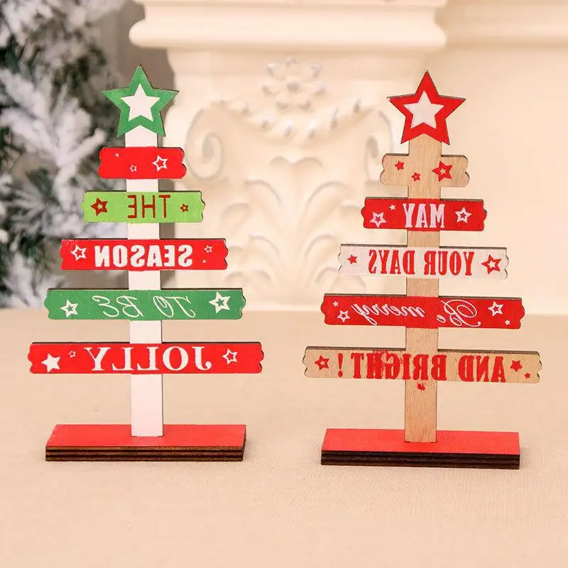 Mini árbol de Navidad con letras inglesas pintadas creativas, decoraciones de mesa de madera