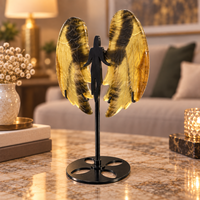 Ornement décoratif en cristal de quartz rutilé noir de 12 cm, ailes d'ange tombé en fluorite