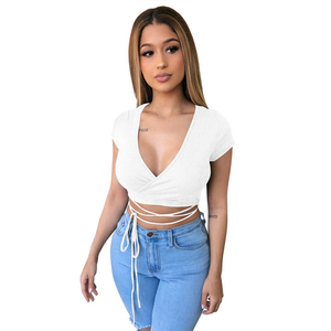 Nuova T-shirt Estiva Streetwear Ecologica con Logo Ricamato, <span class=keywords><strong>Scollo</strong></span> a <span class=keywords><strong>V</strong></span> <span class=keywords><strong>Profondo</strong></span>, Aderente, Corta con Lacci e Maniche Corte per Donna - Product Image 5