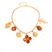 SUMMLY Collier en acier inoxydable plaqué or 18 carats, étanche, inaltérable, avec breloques trèfle, fleur, soleil, nœud et ambre, style vintage, bijoux pour femme